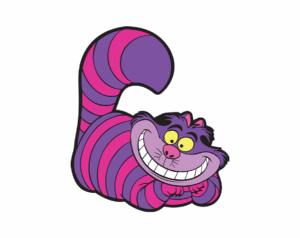 An adorable, cartoon-style Cheshire Cat illustration lying down with a wide, mischievous grin and pink-purple stripes. The character's long, striped tail is held up.