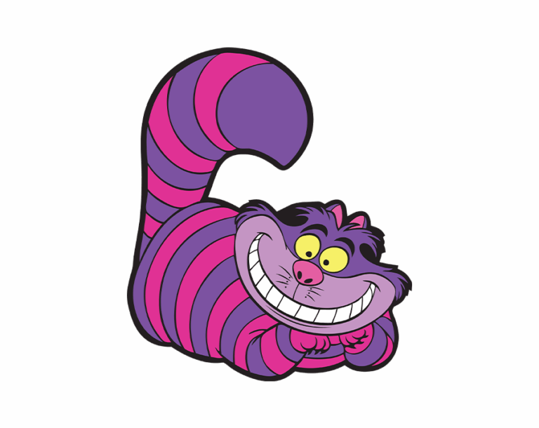 An adorable, cartoon-style Cheshire Cat illustration lying down with a wide, mischievous grin and pink-purple stripes. The character's long, striped tail is held up.