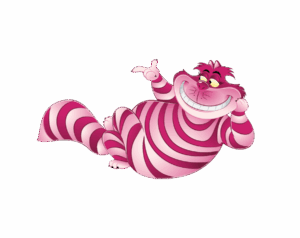An adorable, cartoon-style Cheshire Cat illustration lying down with a wide, mischievous grin and pink-purple stripes. The character's long, striped tail is held up.