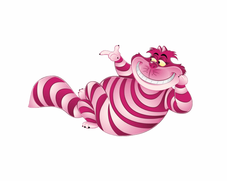 An adorable, cartoon-style Cheshire Cat illustration lying down with a wide, mischievous grin and pink-purple stripes. The character's long, striped tail is held up.