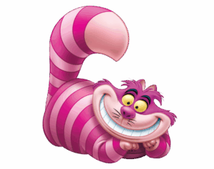 An adorable, cartoon-style cat illustration lying down with a wide, mischievous grin and pink-purple stripes, resembling the Cheshire Cat from Alice in Wonderland.