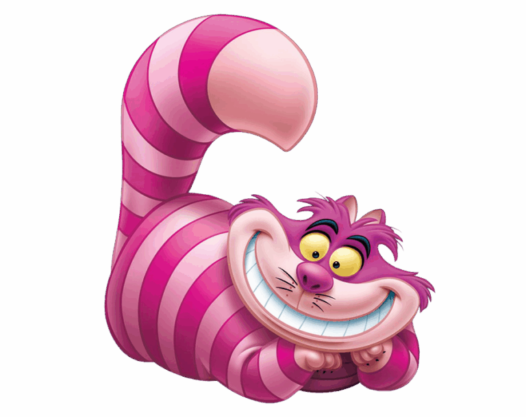 An adorable, cartoon-style cat illustration lying down with a wide, mischievous grin and pink-purple stripes, resembling the Cheshire Cat from Alice in Wonderland.