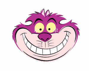 An illustration of the Cheshire Cat's head from Alice in Wonderland, featuring its wide grin, bright yellow eyes, and purple-pink fur.