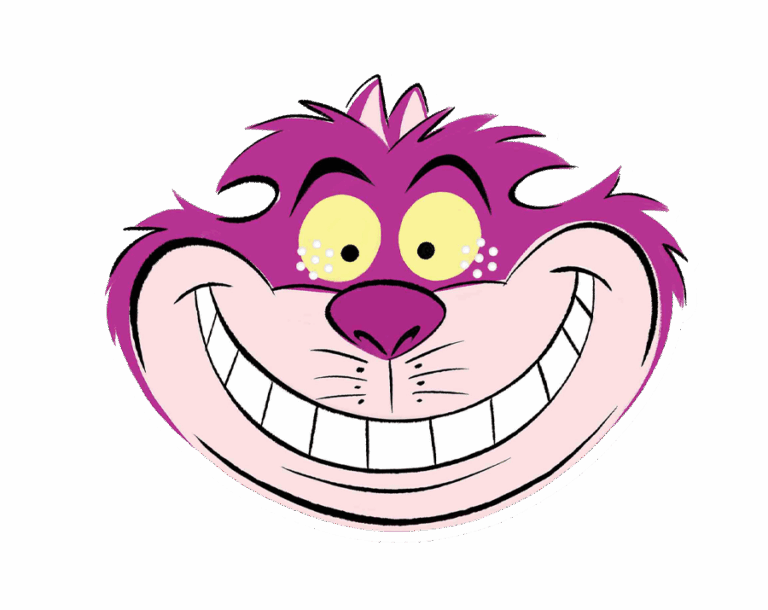 An illustration of the Cheshire Cat's head from Alice in Wonderland, featuring its wide grin, bright yellow eyes, and purple-pink fur.