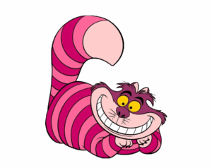 An adorable, cartoon-style Cheshire Cat illustration lying down with a wide, mischievous grin and pink-purple stripes. The character's long, striped tail is held up.