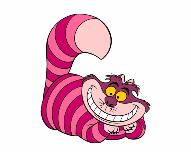 An adorable, cartoon-style Cheshire Cat illustration lying down with a wide, mischievous grin and pink-purple stripes. The character's long, striped tail is held up.
