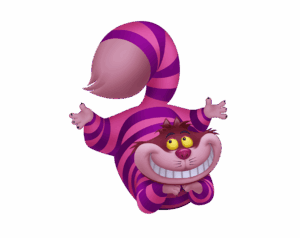An adorable, cartoon-style Cheshire Cat illustration lying down with a wide, mischievous grin and pink-purple stripes. The character's long, striped tail is held up.
