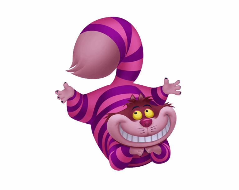 An adorable, cartoon-style Cheshire Cat illustration lying down with a wide, mischievous grin and pink-purple stripes. The character's long, striped tail is held up.