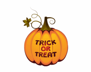 An orange Halloween pumpkin illustration with a stem and vine, featuring the words "TRICK OR TREAT" written across the center in bold, brown letters.