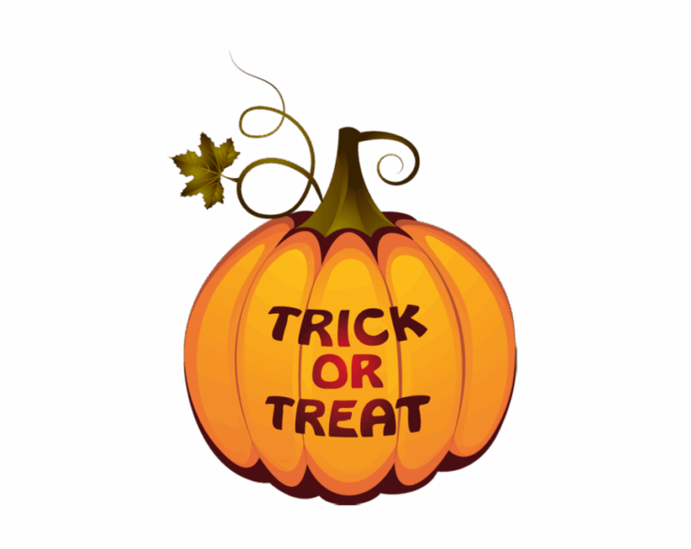 An orange Halloween pumpkin illustration with a stem and vine, featuring the words "TRICK OR TREAT" written across the center in bold, brown letters.