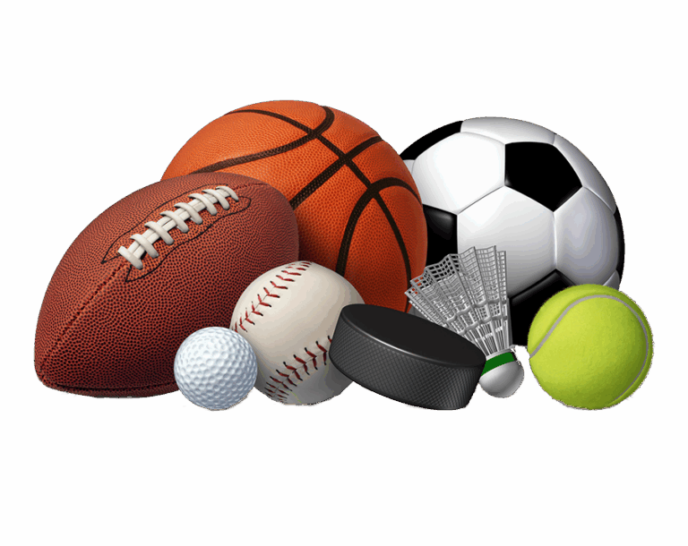 Assortment of sports equipment including a basketball, soccer ball, football, baseball, tennis ball, and hockey puck
