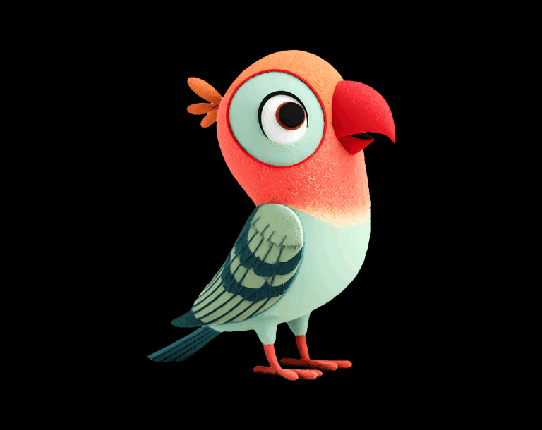 A cheerful, cartoon-style tropical bird illustration with a large red beak, an orange head, and a light blue-green body, featuring large expressive eyes.