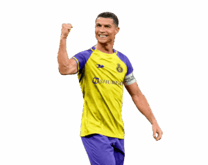 Cristiano Ronaldo in an Al Nassr FC yellow and blue jersey, celebrating with a raised fist, with a transparent background.