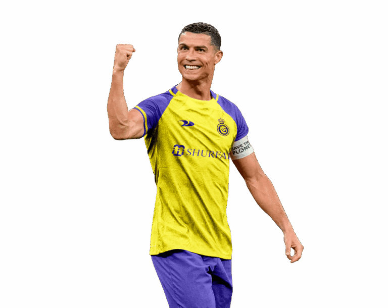 Cristiano Ronaldo in an Al Nassr FC yellow and blue jersey, celebrating with a raised fist, with a transparent background.