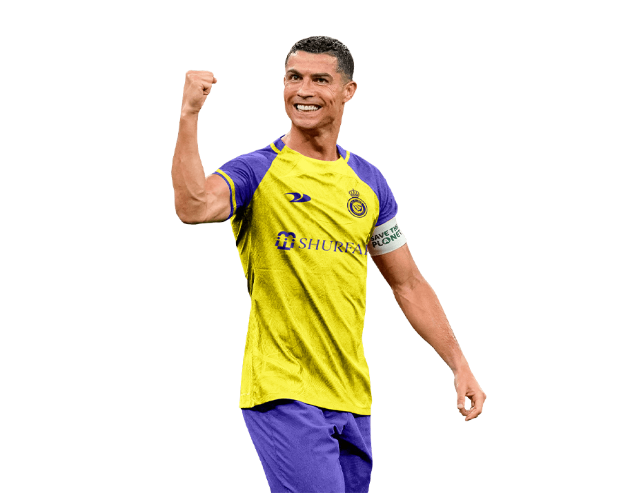 Cristiano Ronaldo in an Al Nassr FC yellow and blue jersey, celebrating with a raised fist, with a transparent background.