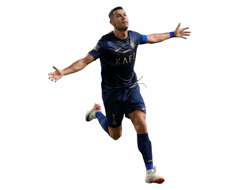 Cristiano Ronaldo celebrating a goal in a dark blue Al Nassr FC away jersey, running with arms wide open, with a transparent background.