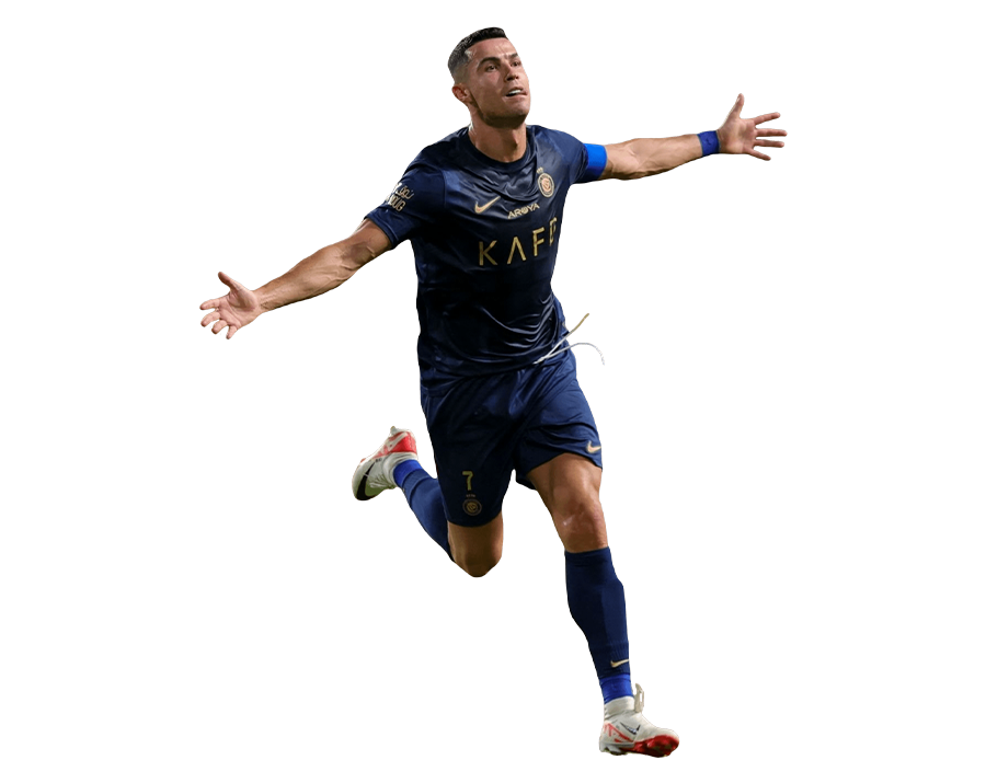 Cristiano Ronaldo celebrating a goal in a dark blue Al Nassr FC away jersey, running with arms wide open, with a transparent background.