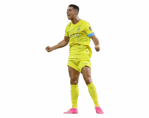 Full-body render of Cristiano Ronaldo in an all-yellow Al Nassr kit, shouting or celebrating with intense emotion, with a transparent background.