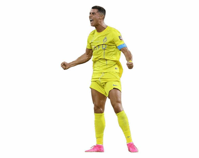Full-body render of Cristiano Ronaldo in an all-yellow Al Nassr kit, shouting or celebrating with intense emotion, with a transparent background.