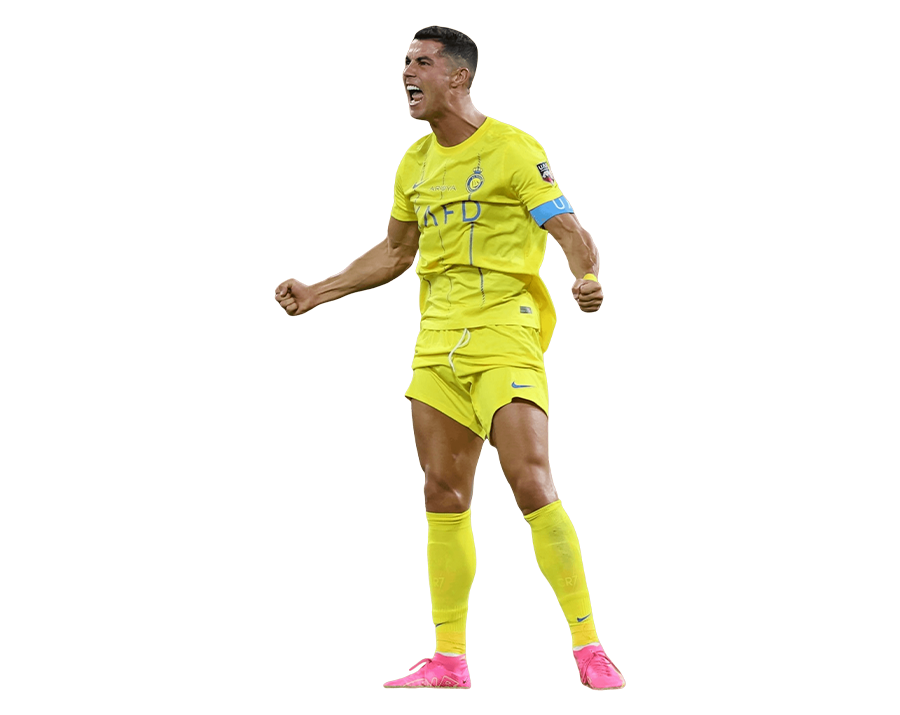 Full-body render of Cristiano Ronaldo in an all-yellow Al Nassr kit, shouting or celebrating with intense emotion, with a transparent background.