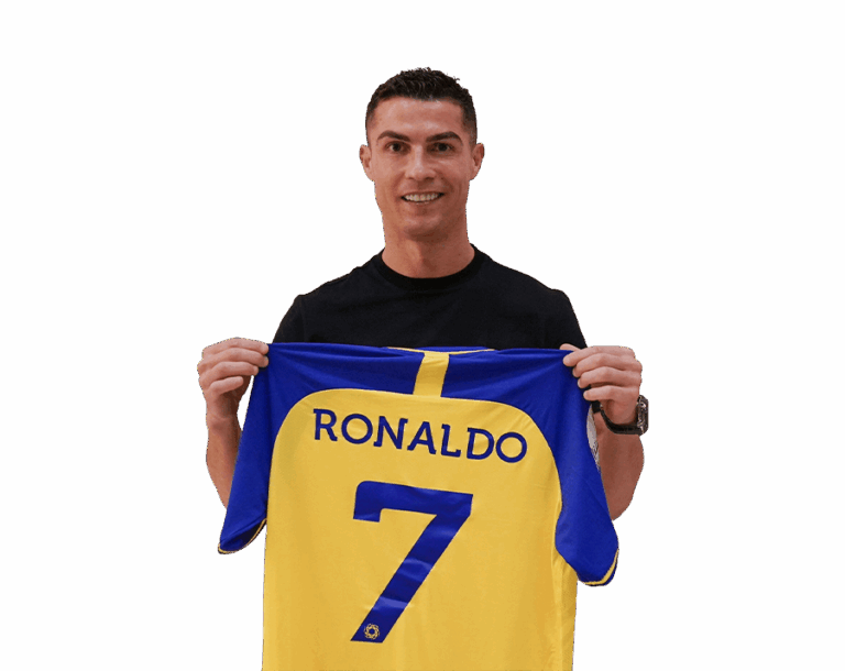 Cristiano Ronaldo holding his Al Nassr FC jersey with 'RONALDO 7' on the back, smiling, with a transparent background.