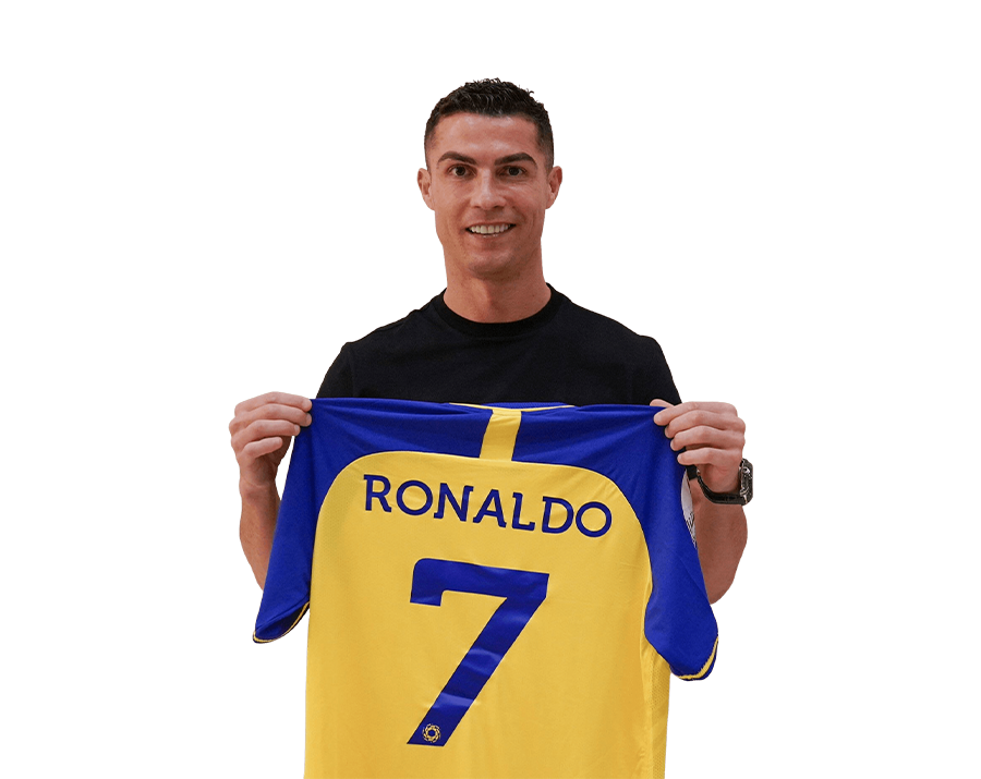 Cristiano Ronaldo holding his Al Nassr FC jersey with 'RONALDO 7' on the back, smiling, with a transparent background.