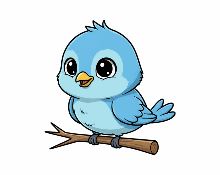 An adorable, cartoon-style blue bird illustration sitting on a branch, with large black eyes and a small yellow beak.