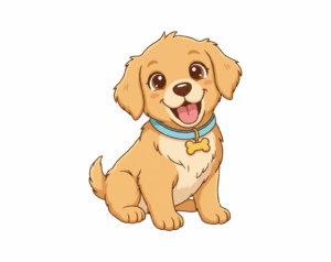An adorable, sitting, cartoon-style puppy illustration with tan/brown fur and large floppy ears, wearing a blue collar with a bone-shaped tag.