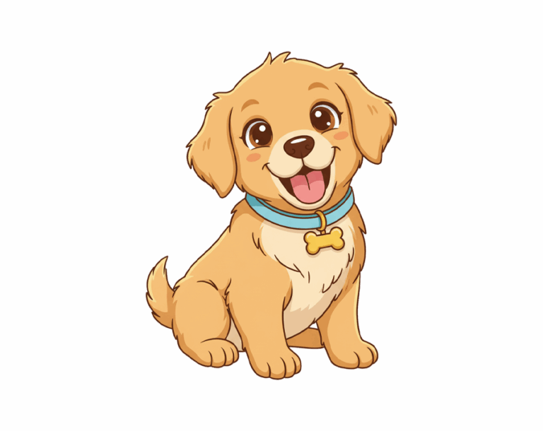 An adorable, sitting, cartoon-style puppy illustration with tan/brown fur and large floppy ears, wearing a blue collar with a bone-shaped tag.