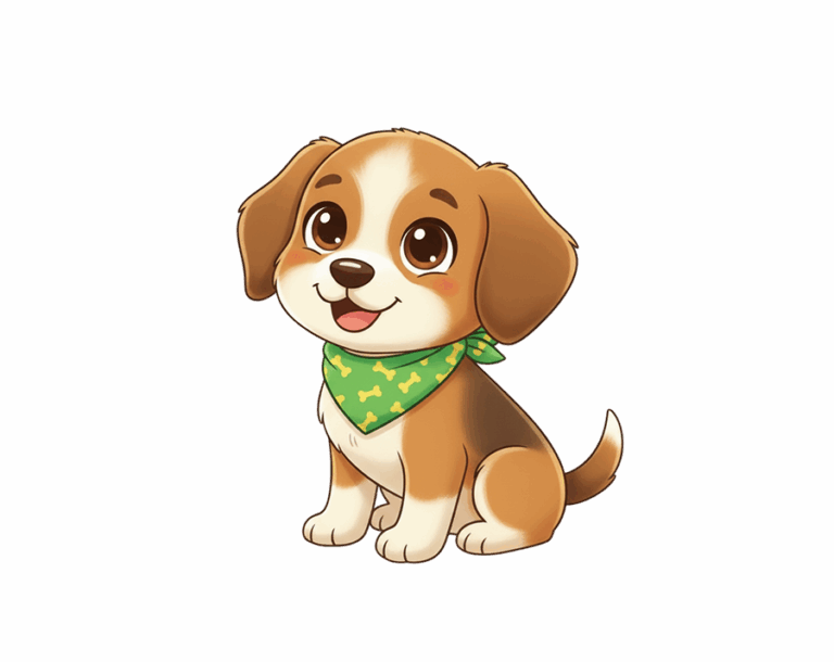 An adorable, sitting, cartoon-style puppy illustration with brown and white fur, resembling a Beagle, wearing a green bandana with a bone pattern.