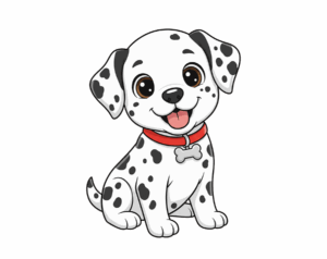 An adorable, sitting, cartoon-style Dalmatian puppy illustration with white fur and black spots, wearing a red collar with a bone-shaped tag.