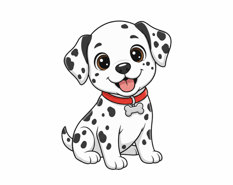 An adorable, sitting, cartoon-style Dalmatian puppy illustration with white fur and black spots, wearing a red collar with a bone-shaped tag.