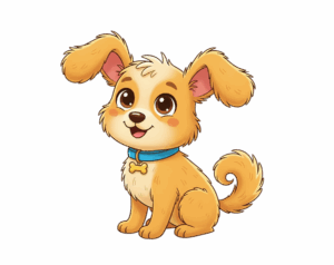 An adorable, cartoon-style puppy illustration with tan and white fur, sitting and wearing a blue collar with a bone-shaped tag.