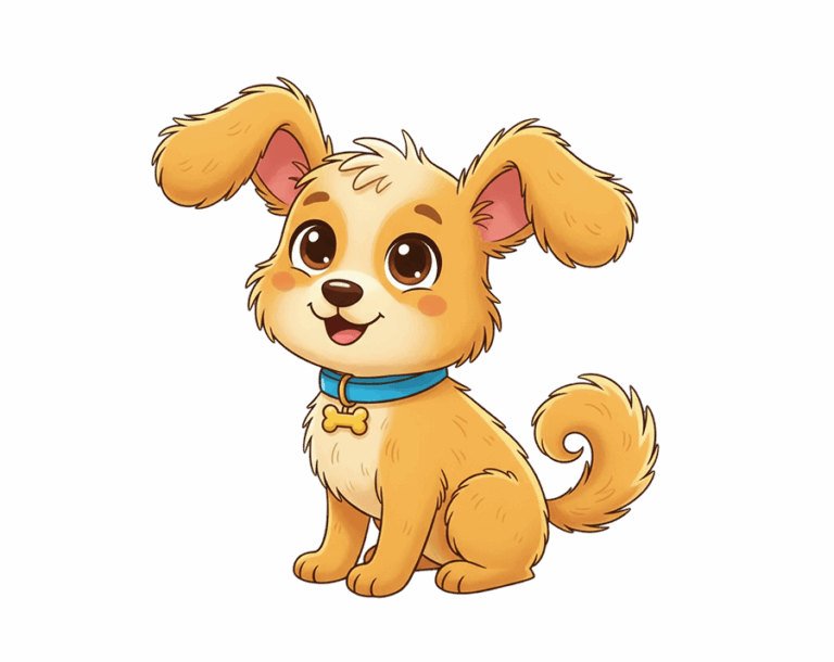 An adorable, cartoon-style puppy illustration with tan and white fur, sitting and wearing a blue collar with a bone-shaped tag.