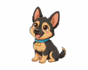 An adorable, sitting, cartoon-style German Shepherd or similar breed puppy illustration with black and tan fur, wearing a blue collar with a bone-shaped tag.
