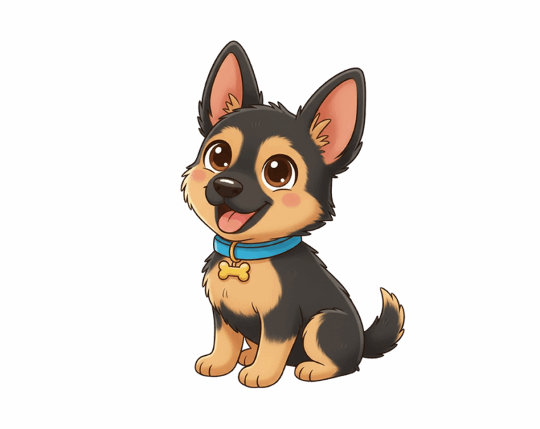 An adorable, sitting, cartoon-style German Shepherd or similar breed puppy illustration with black and tan fur, wearing a blue collar with a bone-shaped tag.