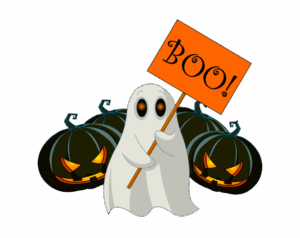 Cute ghost holding an orange "BOO!" sign, positioned in front of three spooky black jack-o'-lanterns.