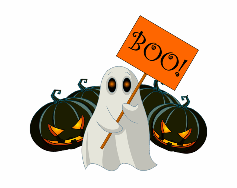 Cute ghost holding an orange "BOO!" sign, positioned in front of three spooky black jack-o'-lanterns.