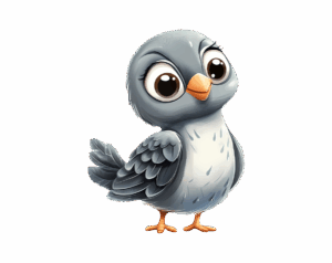 An adorable, cartoon-style grey and white pigeon illustration with large brown eyes and an orange beak.