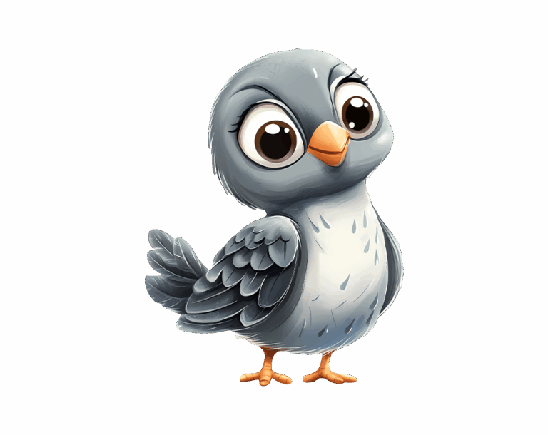 An adorable, cartoon-style grey and white pigeon illustration with large brown eyes and an orange beak.