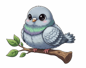 An adorable, cartoon-style pigeon illustration sitting on a branch, with large black eyes and a small pink beak. It has green and purple coloration on its neck.