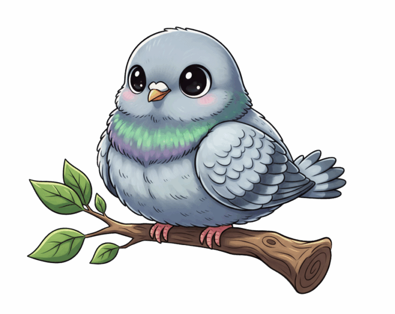 An adorable, cartoon-style pigeon illustration sitting on a branch, with large black eyes and a small pink beak. It has green and purple coloration on its neck.
