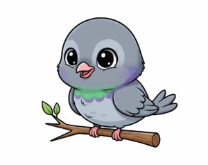 An adorable, cartoon-style pigeon illustration sitting on a branch, with large black eyes and a small pink beak. It has green and purple coloration on its neck.