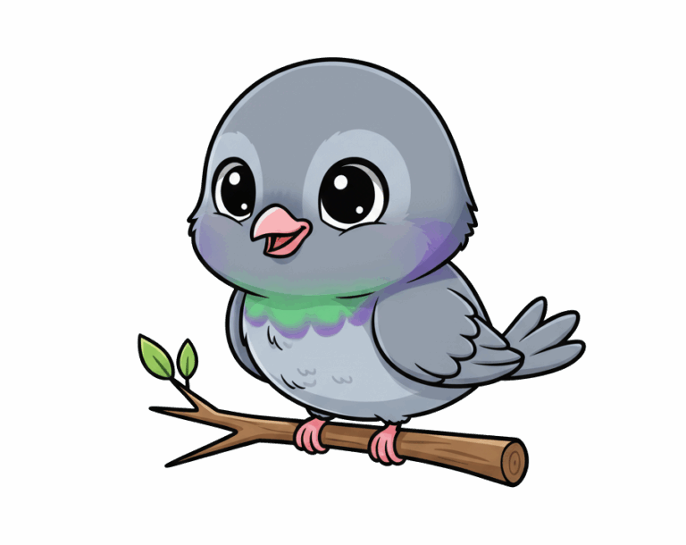 An adorable, cartoon-style pigeon illustration sitting on a branch, with large black eyes and a small pink beak. It has green and purple coloration on its neck.