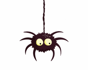 A cartoon illustration of a dark, fuzzy spider with large, startled yellow eyes and six legs, dangling from a thick strand of web against a transparent background.