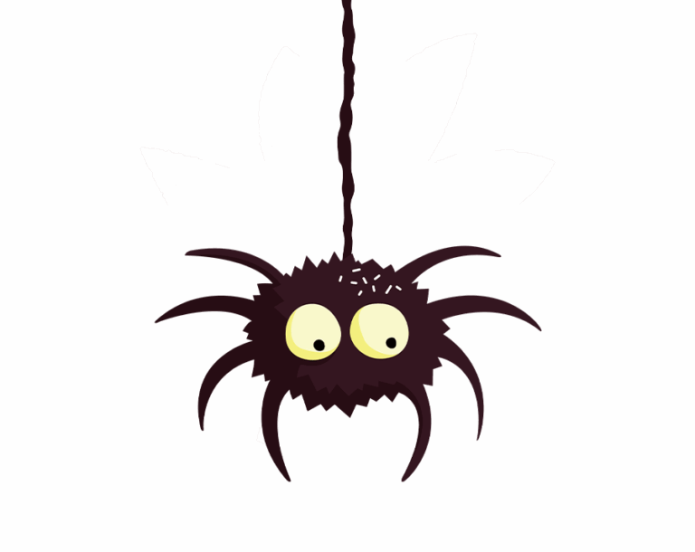 A cartoon illustration of a dark, fuzzy spider with large, startled yellow eyes and six legs, dangling from a thick strand of web against a transparent background.