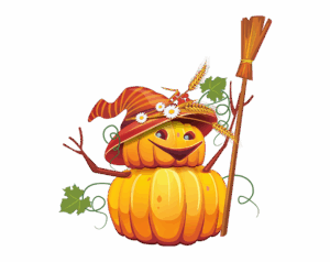 Two-tiered, snowman-style pumpkin figure wearing a striped witch hat decorated with flowers, wheat stalks, and vines.