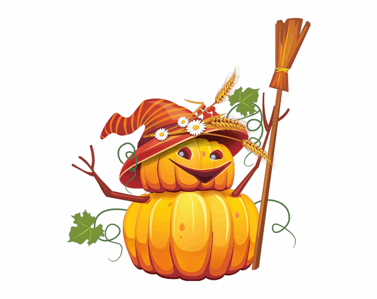 Two-tiered, snowman-style pumpkin figure wearing a striped witch hat decorated with flowers, wheat stalks, and vines.