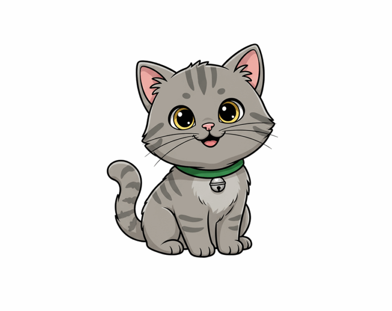 An adorable, sitting, cartoon-style white kitten illustration with bright blue eyes, wearing a pink collar with a bell.