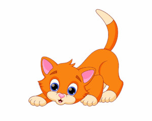 An adorable, cartoon-style orange tabby kitten illustration with large blue eyes, crouched in a playful or pouncing position with its tail raised.